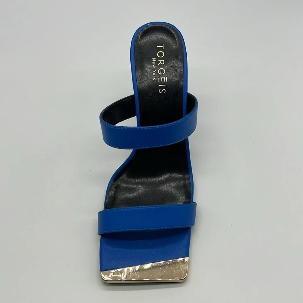 Torgeis - Antilles Bold Blue With Gold Tips Strap Sandal Open Toe Heels Size 7